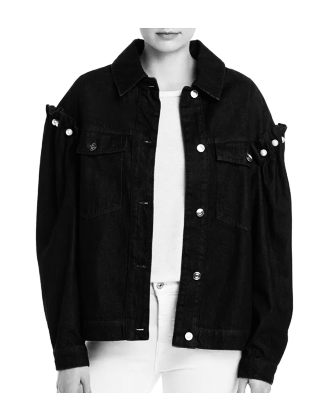 No Frills By Mother Of Pearl Faux Pearl Embellished Denim Jacket black Sz medium
